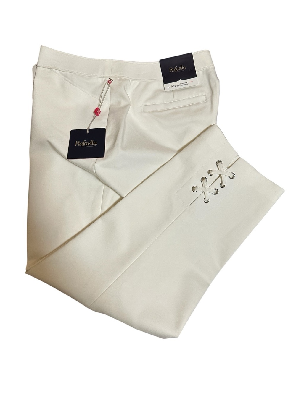 Rafaella White Capris with Lace-Up Detail at Hem Size 8